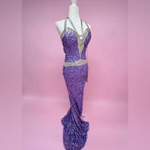 Elegant Purple Sequin Halter Dress